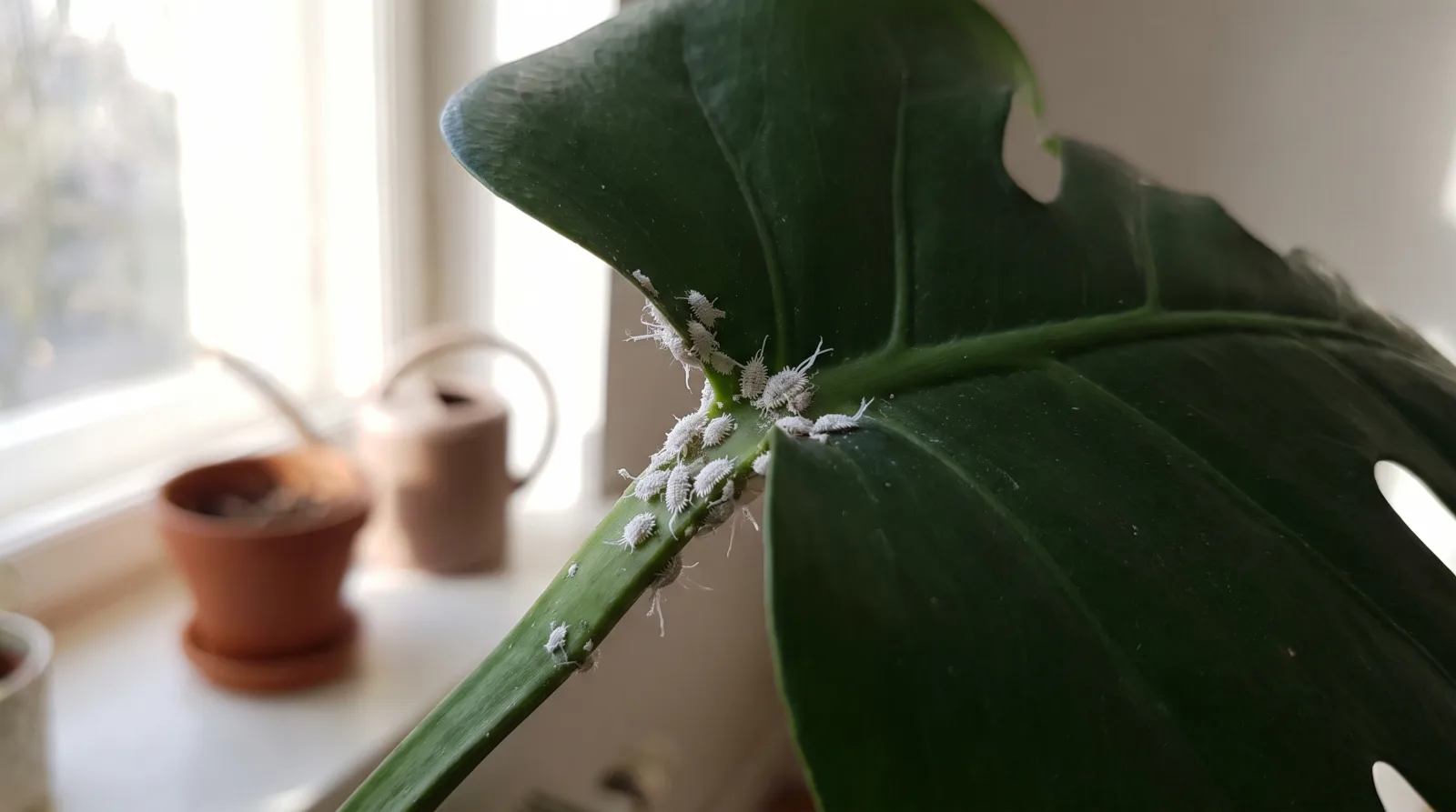 Cochinilla algodonosa formando masas blancas algodonosas en la axila de una hoja de Monstera